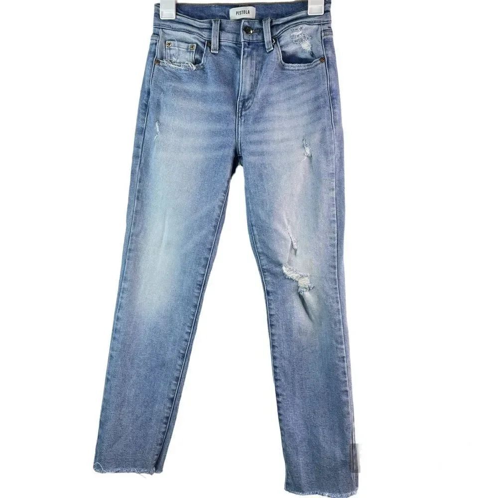 Pistola Distressed Light Blue Wash Straight Leg Cropped Women's Jean Pants Sz 24